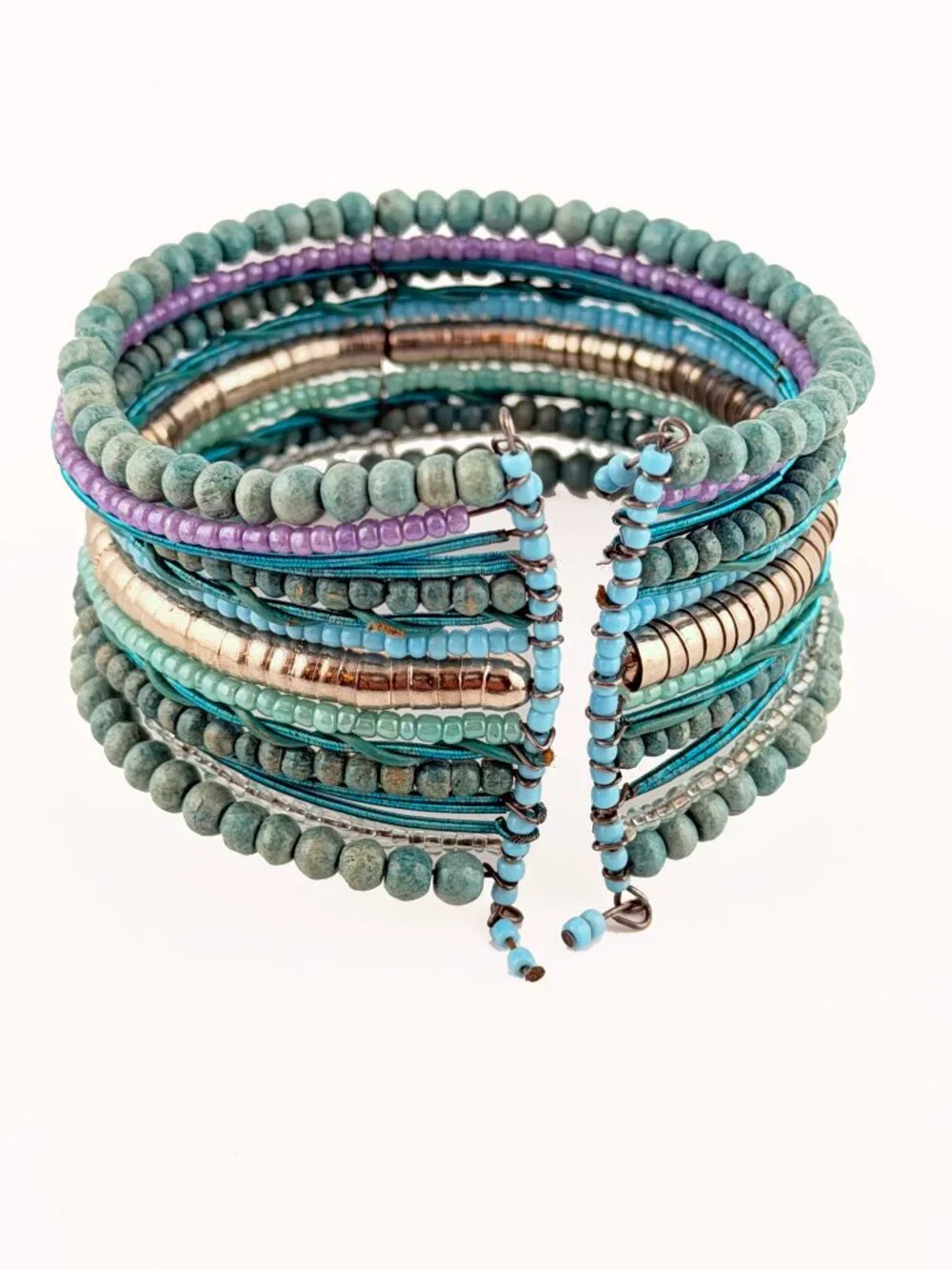 Boho Silver & Turquoise Bracelet Stack Set Beaded Cuff Sparkle Bangle Lot 3